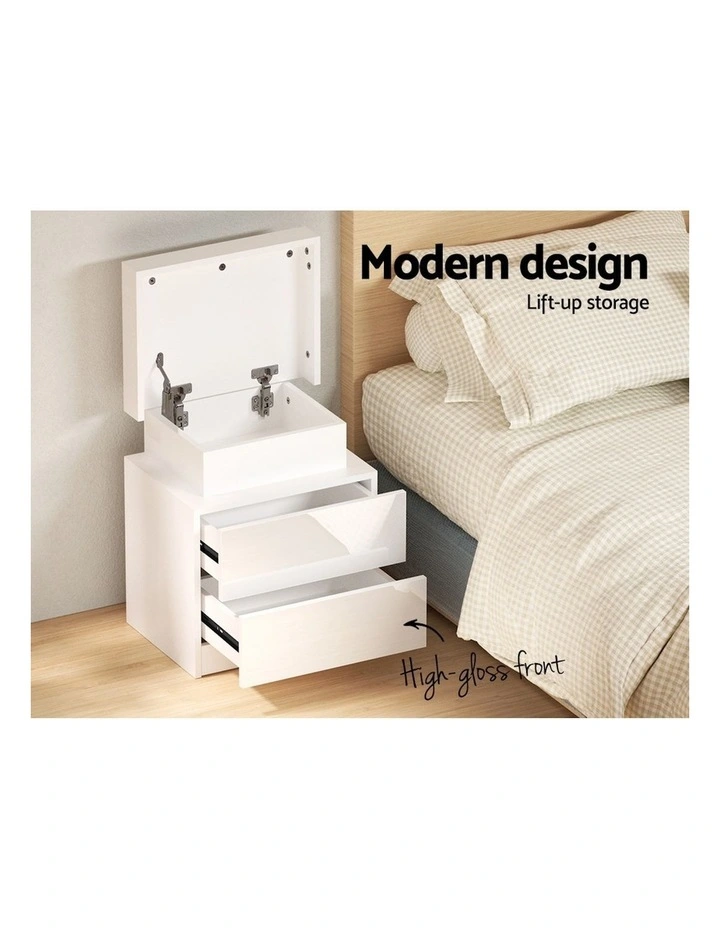 LED 2 Drawers Lift-Up Storage Coley Bedside Table in White image 5