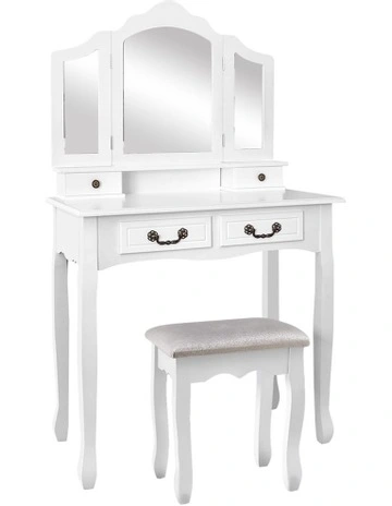Foldable Mirror Dressing Table Stool Set in White
