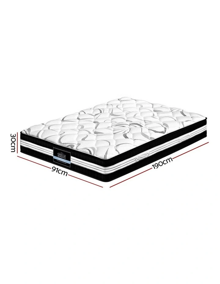 Mattress Single Size Bed Euro Top Pocket Spring Firm Foam 30cm in White/Black image 4