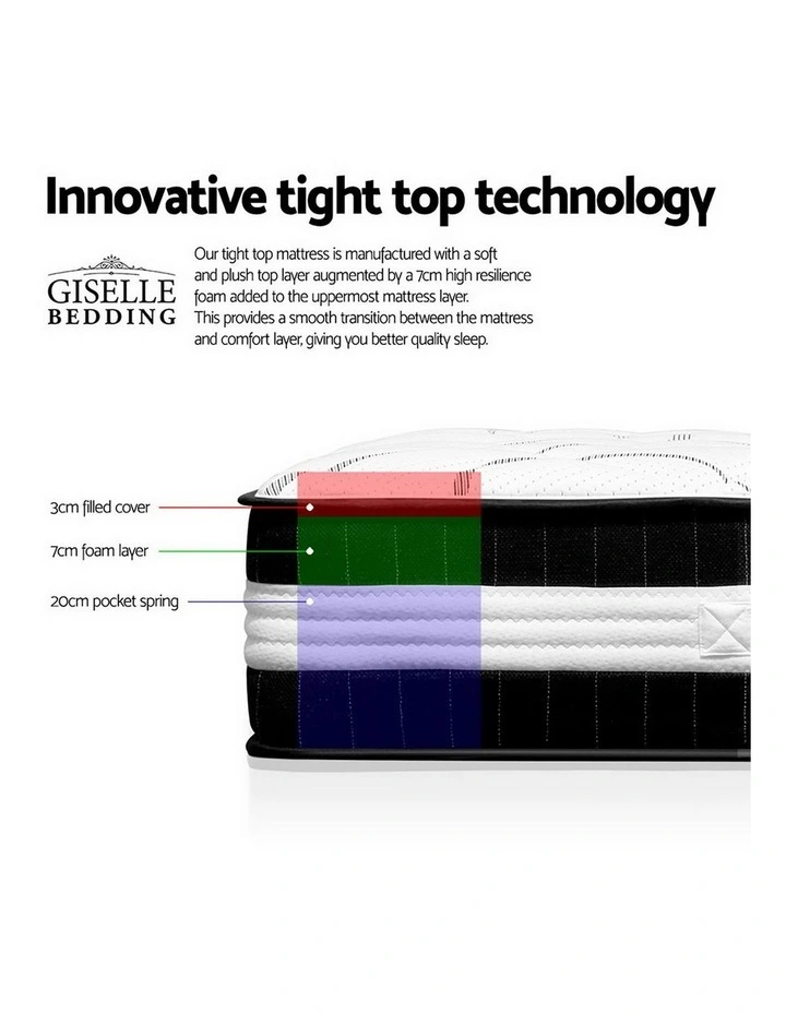 Mattress Single Size Bed Euro Top Pocket Spring Firm Foam 30cm in White/Black image 5