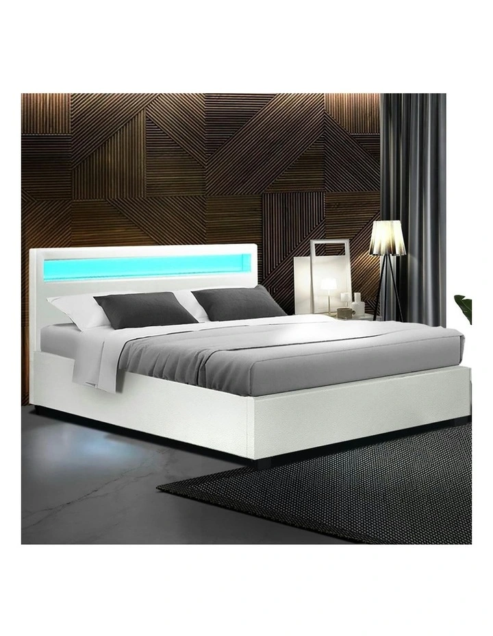Artiss Cole Queen Double Size Gas Lift RGB LED Bed Frame In White MYER