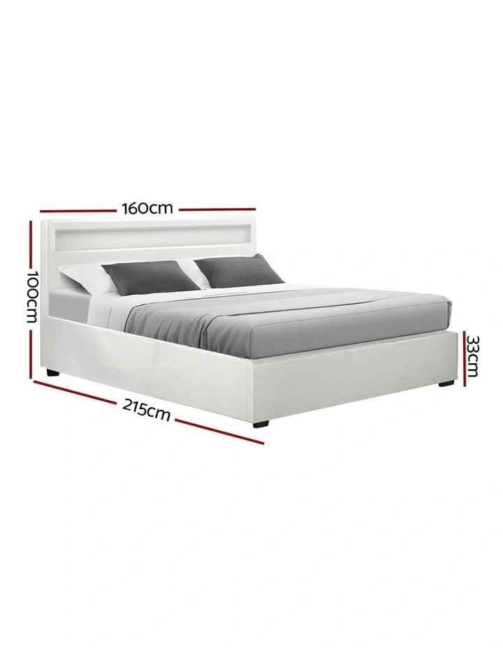 Artiss Cole Queen Double Size Gas Lift RGB LED Bed Frame In White MYER