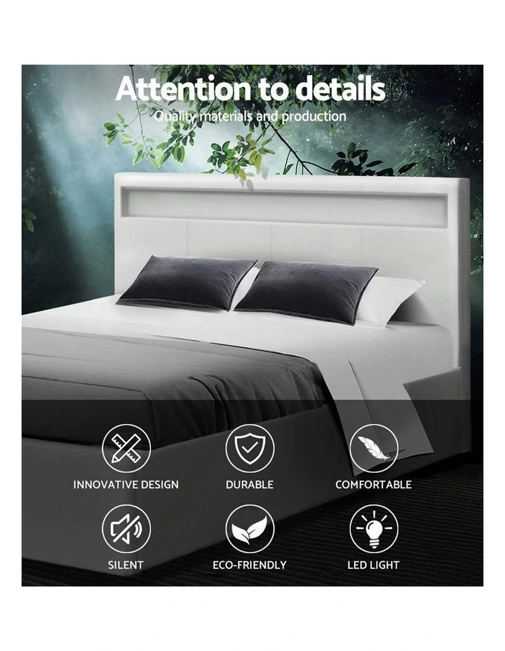 Artiss Cole Queen Double Size Gas Lift RGB LED Bed Frame In White MYER