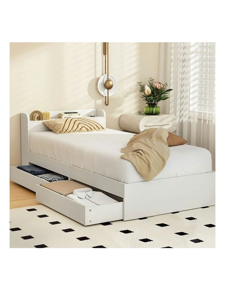 Aura Single Size Bed Frame with Charging Ports 2 Drawers in White image 3