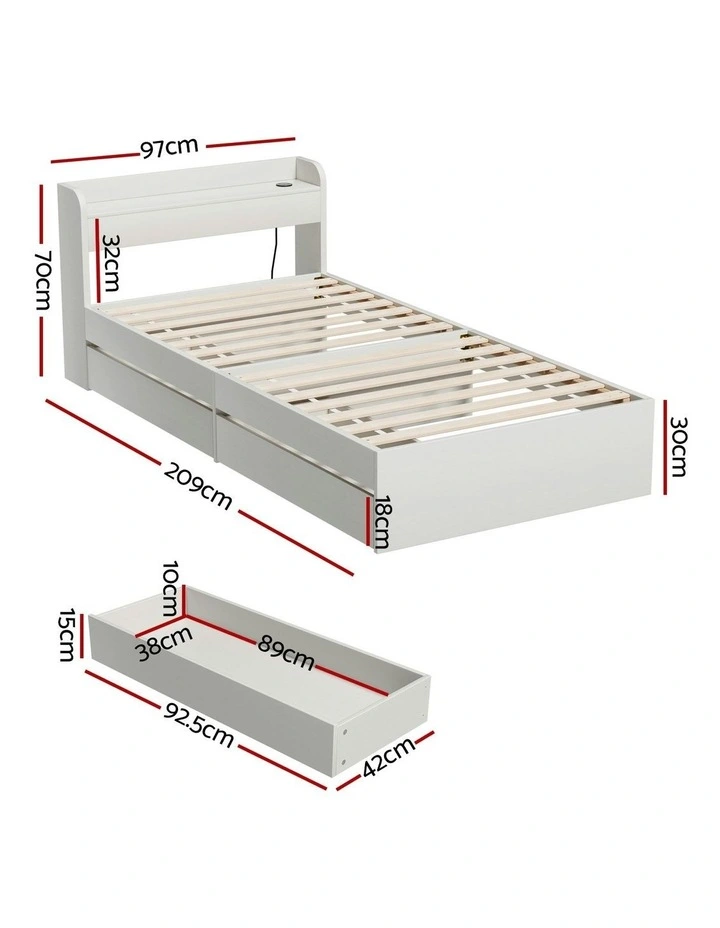 Aura Single Size Bed Frame with Charging Ports 2 Drawers in White image 4