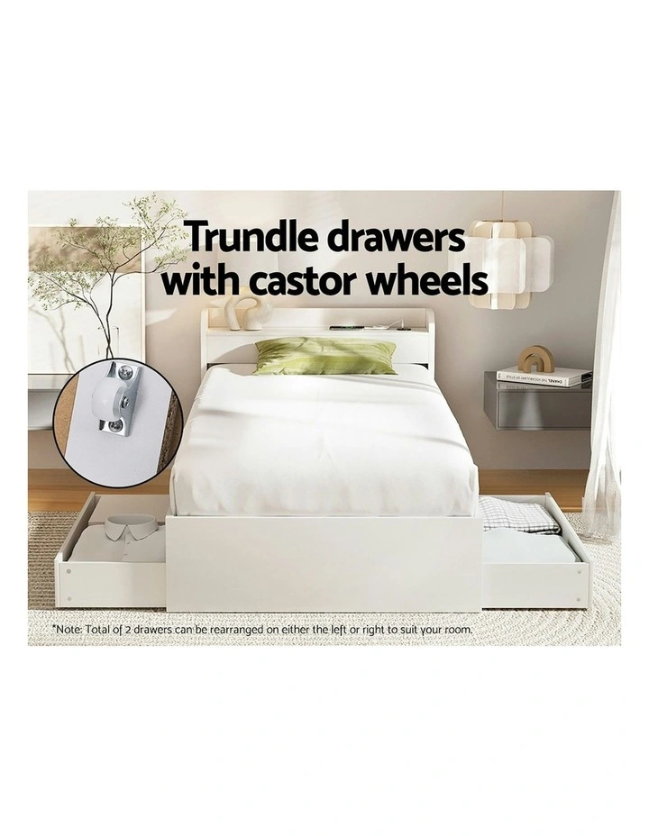 Aura Single Size Bed Frame with Charging Ports 2 Drawers in White image 7