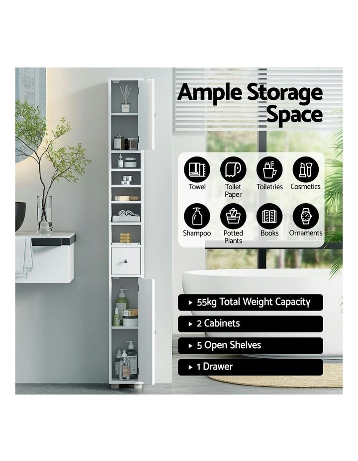 Bathroom Storage Cabinet 180cm Tall Slim Floor Cupboard Toilet Narrow Linen Tower image 5