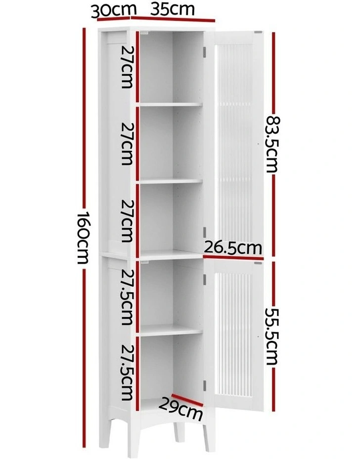 Bathroom Storage Cabinet 160cm Tall Slim Floor Cupboard Toilet Glass Door White image 4