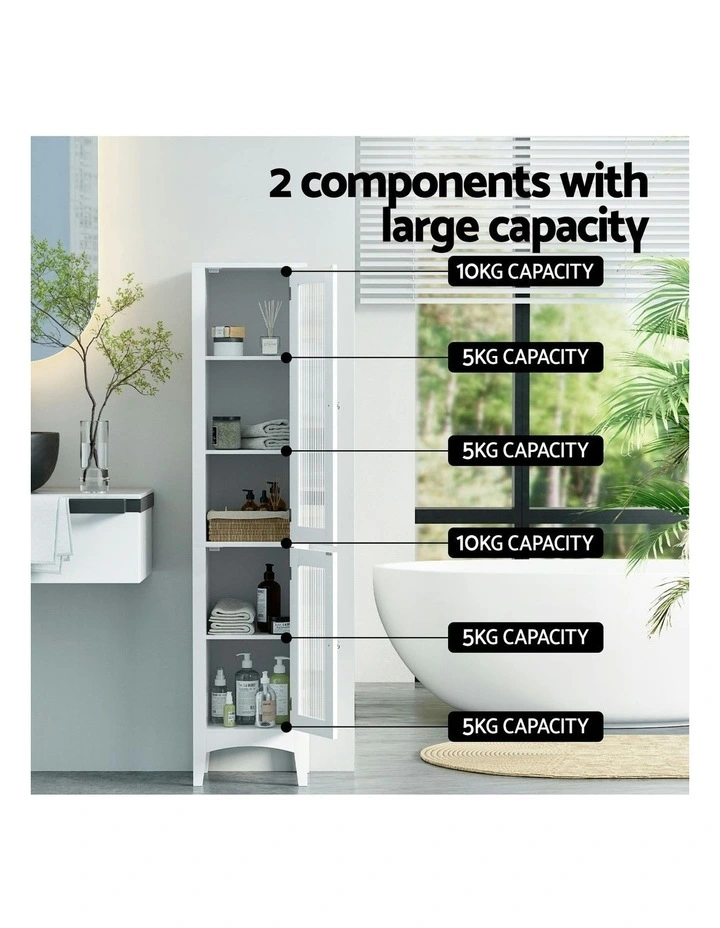 Bathroom Storage Cabinet 160cm Tall Slim Floor Cupboard Toilet Glass Door White image 5