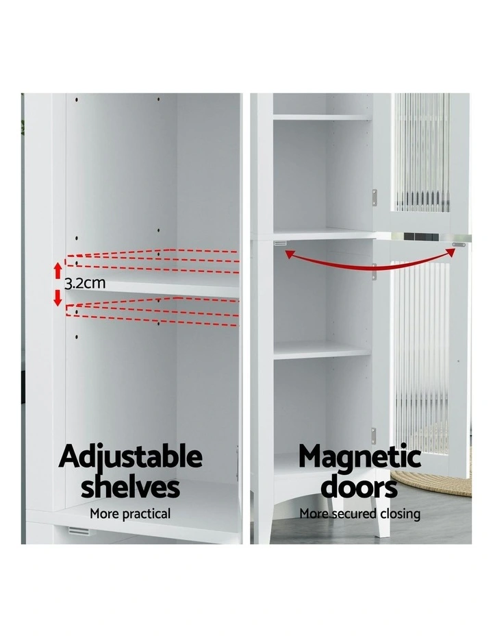 Bathroom Storage Cabinet 160cm Tall Slim Floor Cupboard Toilet Glass Door White image 6