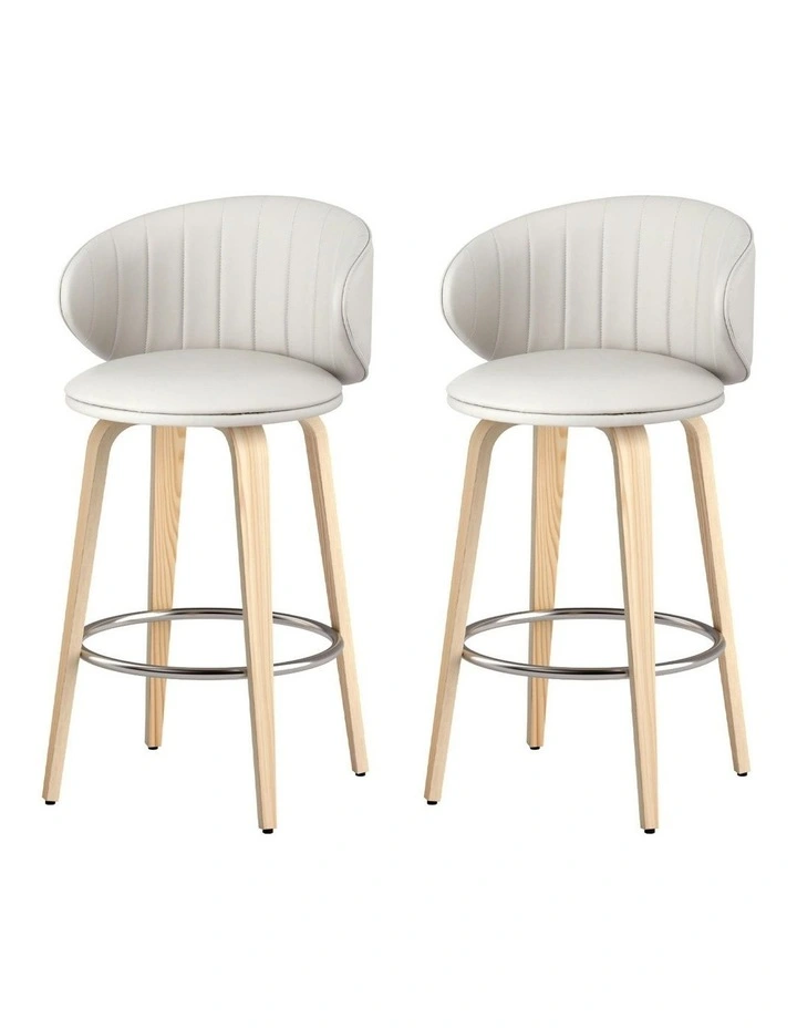 2x Contoured Leather Wood Bar Stools in Beige image 1