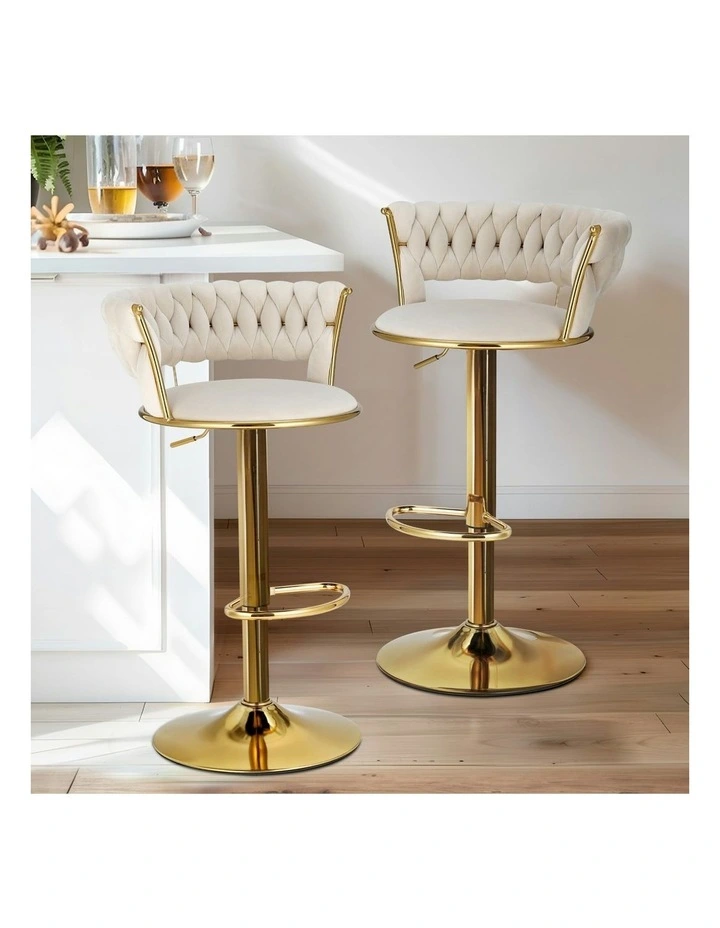 Bar Stools Gas Lift Velvet Woven Backrest Ivory (4x) in Multi image 3