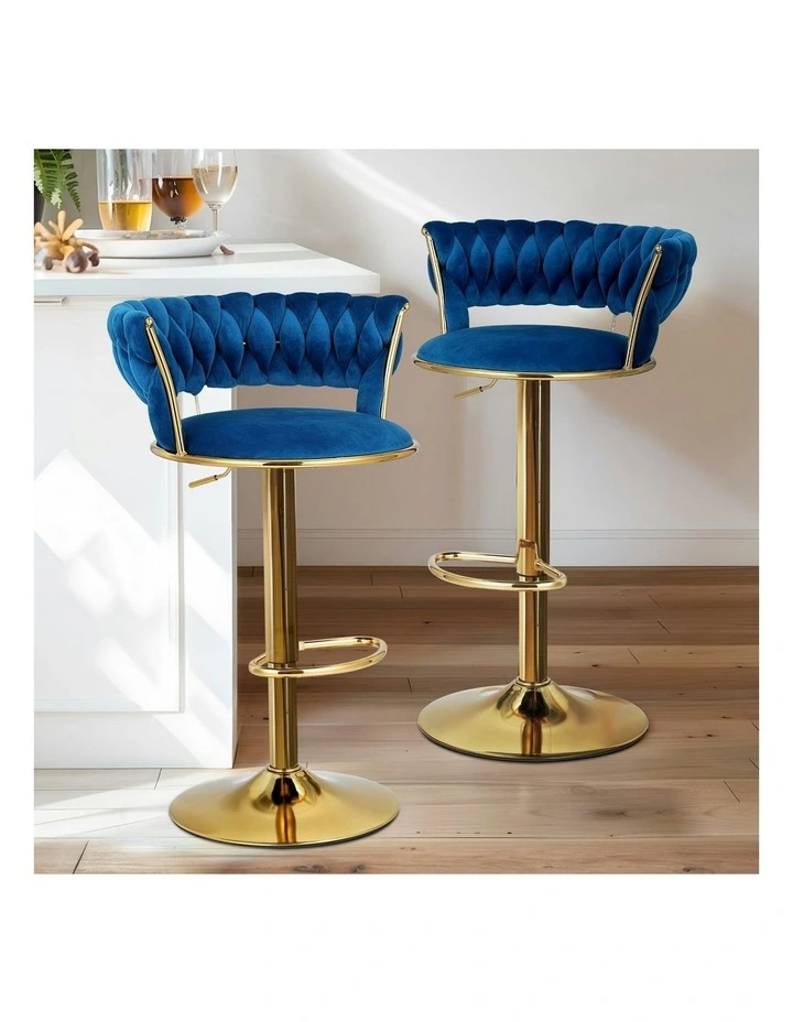 4x Gas Lift Velvet Woven Backrest Bar Stools in Navy image 3