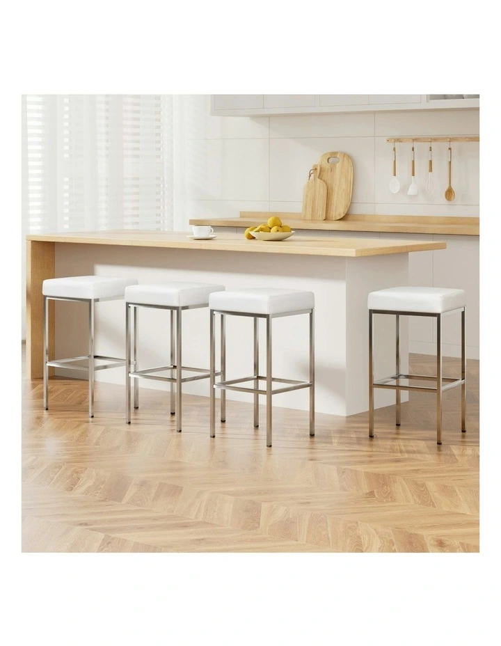 Leather Padded Metal Bar Stools in White image 3