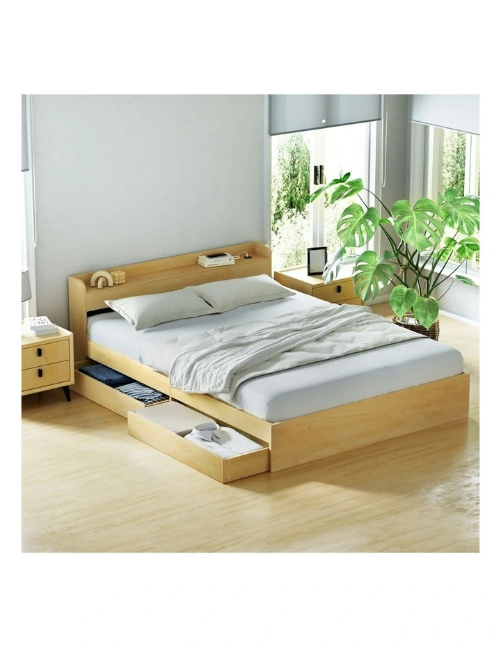 Queen Size with Charging Ports and 2 Drawers Bed Frame in Beige image 3