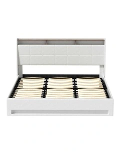 Gas Lift LED Bed Frame With PVC Leather Storage Headboard King Size in White