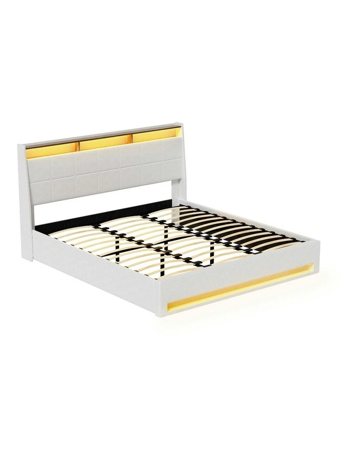 Gas Lift LED Bed Frame With PVC Leather Storage Headboard King Size in White image 2