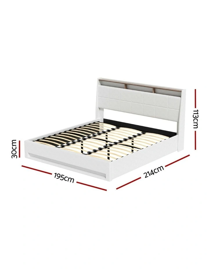 Gas Lift LED Bed Frame With PVC Leather Storage Headboard King Size in White image 3