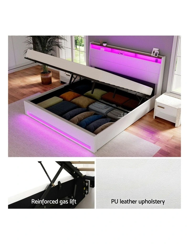 Gas Lift LED Bed Frame With PVC Leather Storage Headboard King Size in White image 4