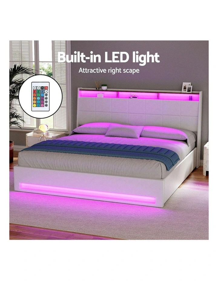 Gas Lift LED Bed Frame With PVC Leather Storage Headboard King Size in White image 5