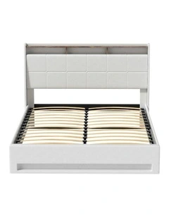 Gas Lift LED Bed Frame With PVC Leather Storage Headboard Queen Size in White