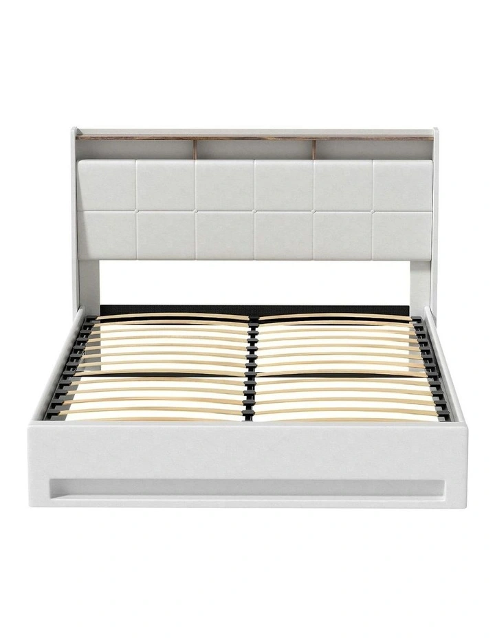 Gas Lift LED Bed Frame With PVC Leather Storage Headboard Queen Size in White image 1