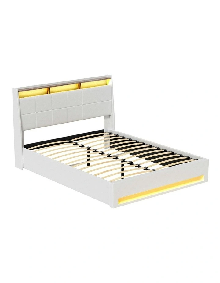 Gas Lift LED Bed Frame With PVC Leather Storage Headboard Queen Size in White image 2