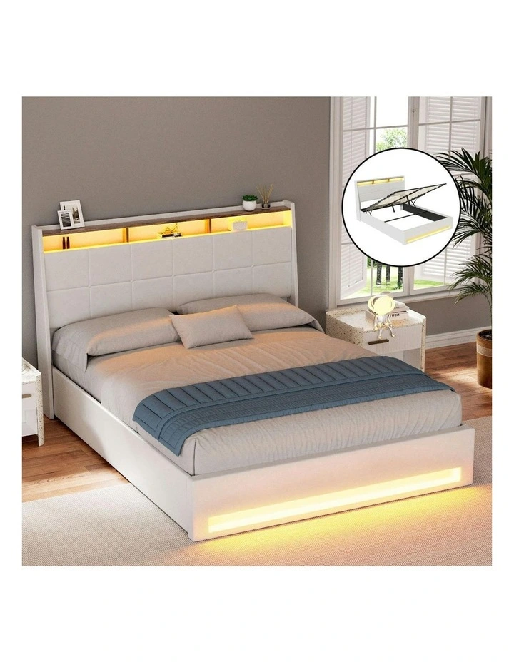 Gas Lift LED Bed Frame With PVC Leather Storage Headboard Queen Size in White image 3