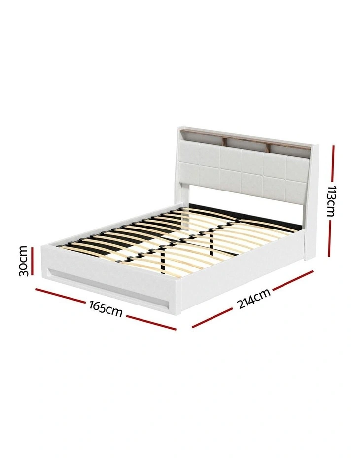 Gas Lift LED Bed Frame With PVC Leather Storage Headboard Queen Size in White image 4