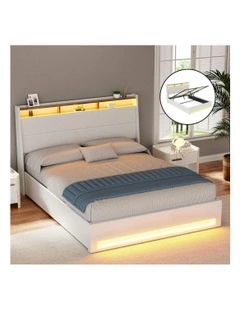 Gas Lift LED Bed Frame With PVC Leather Storage Headboard Double Size in White