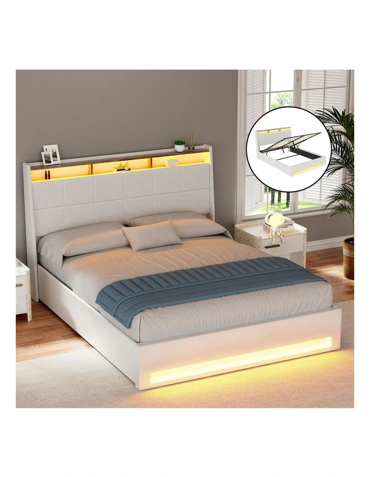 Gas Lift LED Bed Frame With PVC Leather Storage Headboard Double Size in White image 1