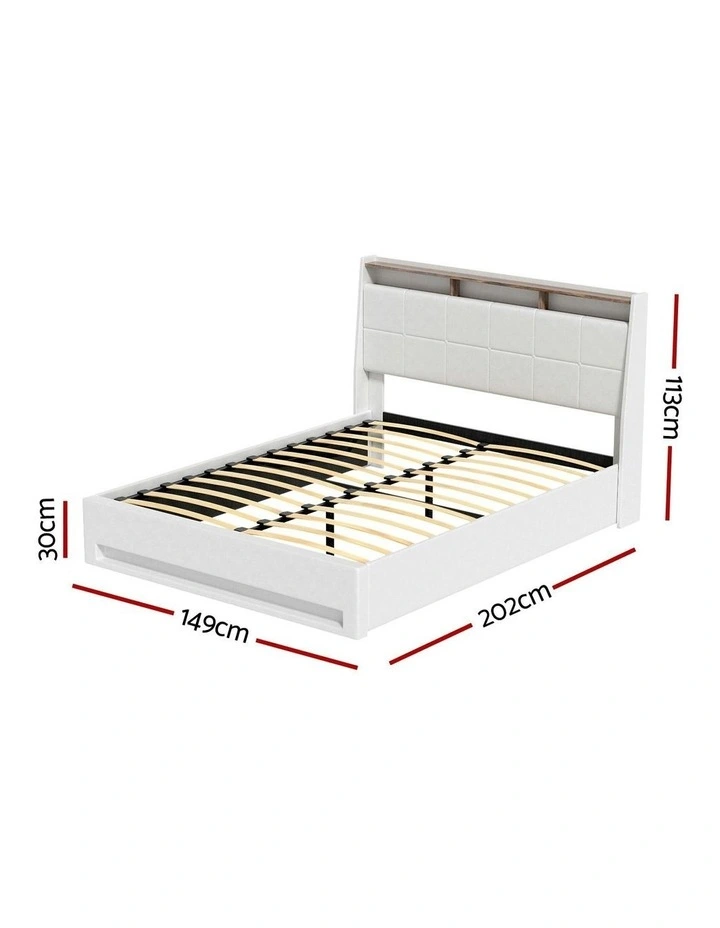 Gas Lift LED Bed Frame With PVC Leather Storage Headboard Double Size in White image 2