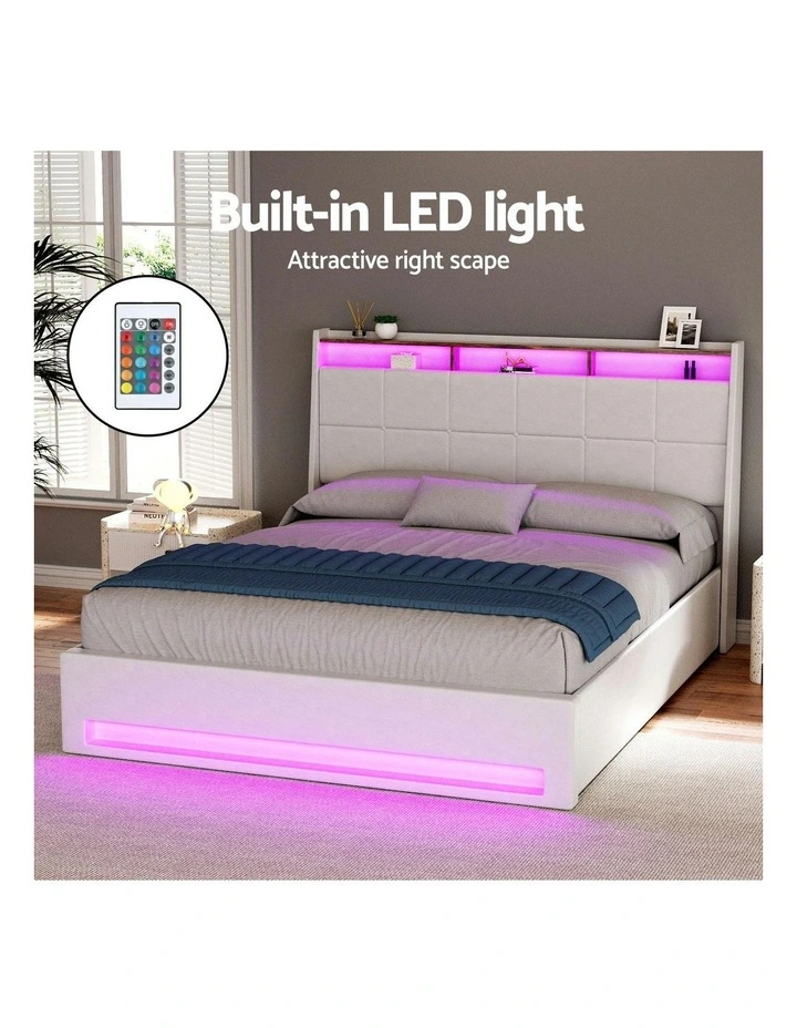 Gas Lift LED Bed Frame With PVC Leather Storage Headboard Double Size in White image 4