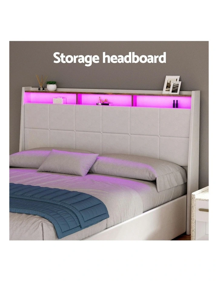 Gas Lift LED Bed Frame With PVC Leather Storage Headboard Double Size in White image 5