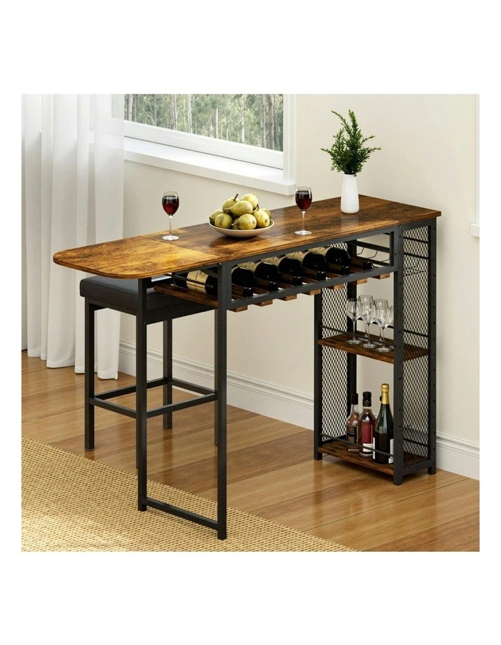 Industrial Bar Table With Rack Built-in Cup Holder Extendable 140cm in Brown image 3