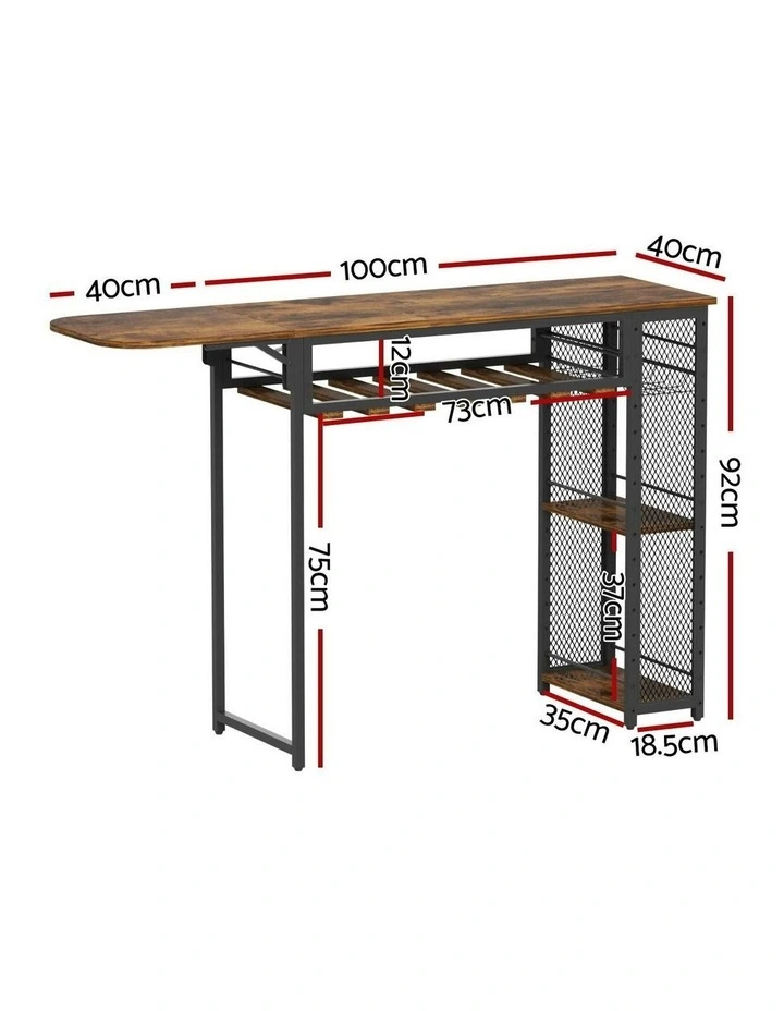Industrial Bar Table With Rack Built-in Cup Holder Extendable 140cm in Brown image 4