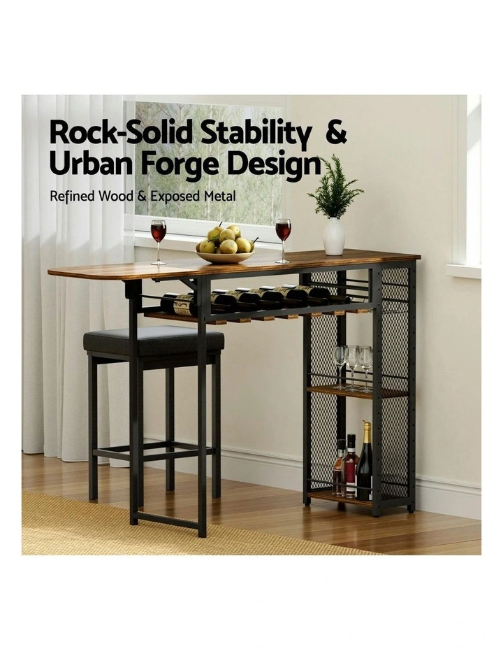 Industrial Bar Table With Rack Built-in Cup Holder Extendable 140cm in Brown image 5