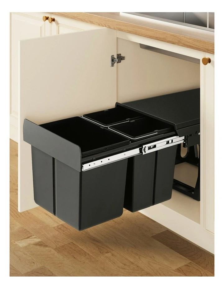 Pull Out Bin Kitchen Triple Slide Garbage Rubbish Bins Basket 31L in Black image 3