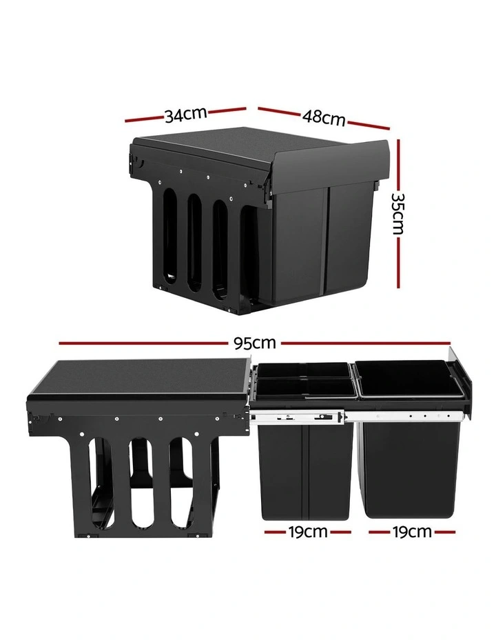 Pull Out Bin Kitchen Triple Slide Garbage Rubbish Bins Basket 31L in Black image 4