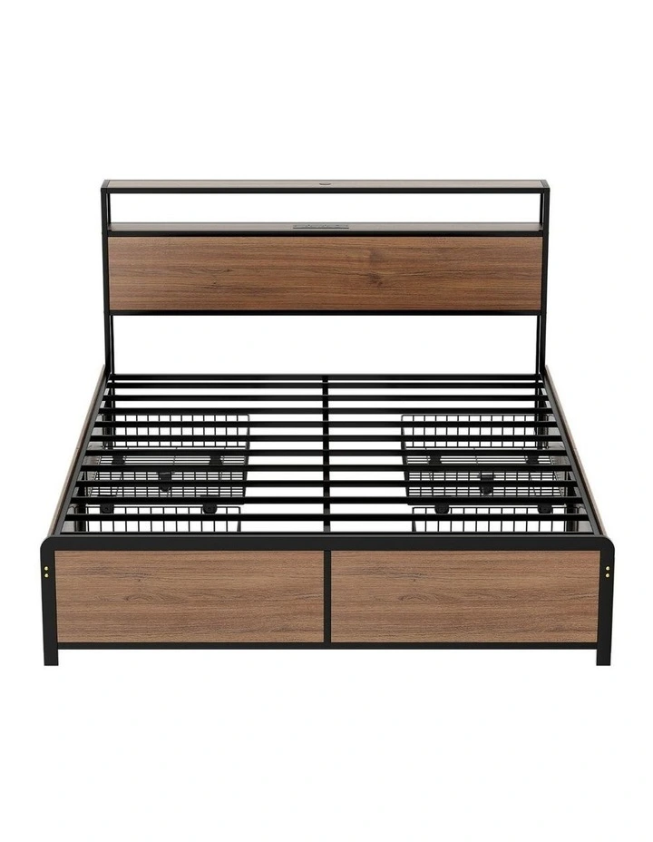 Queen Size With 2-Tier Storage Metal Bed Frame in Brown image 1