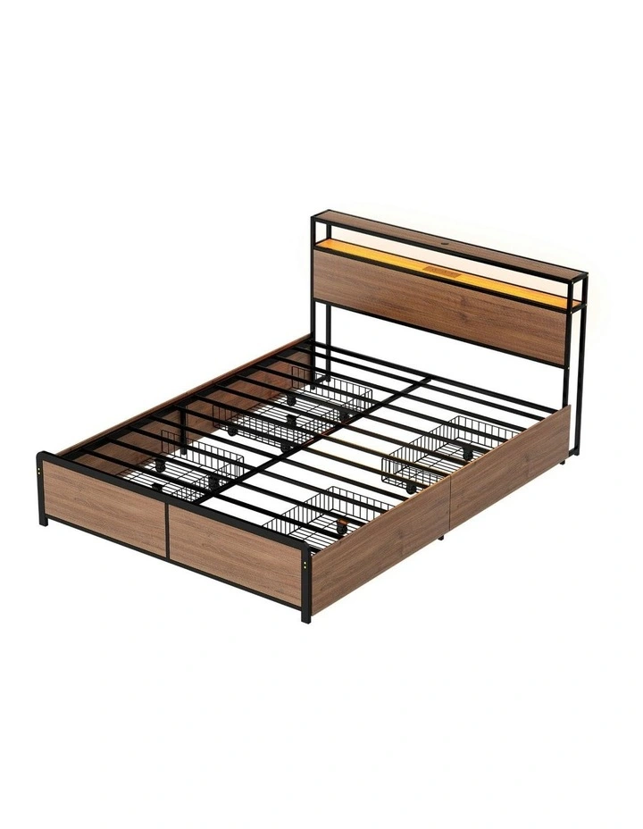 Queen Size With 2-Tier Storage Metal Bed Frame in Brown image 2
