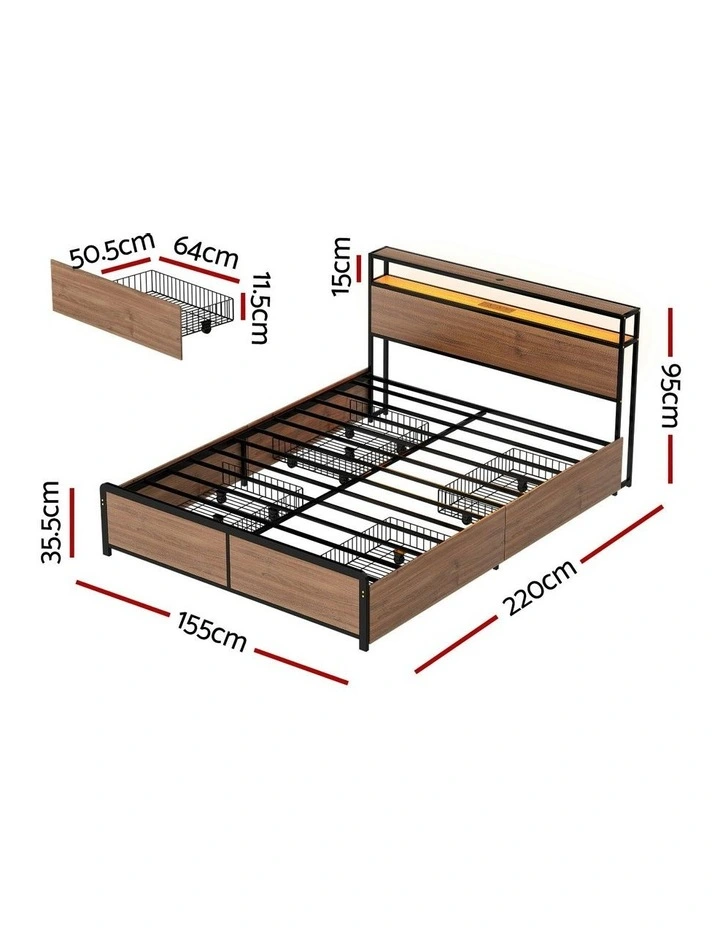 Queen Size With 2-Tier Storage Metal Bed Frame in Brown image 4