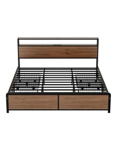 King Size with 2-Tier Storage Metal Bed Frame in Brown