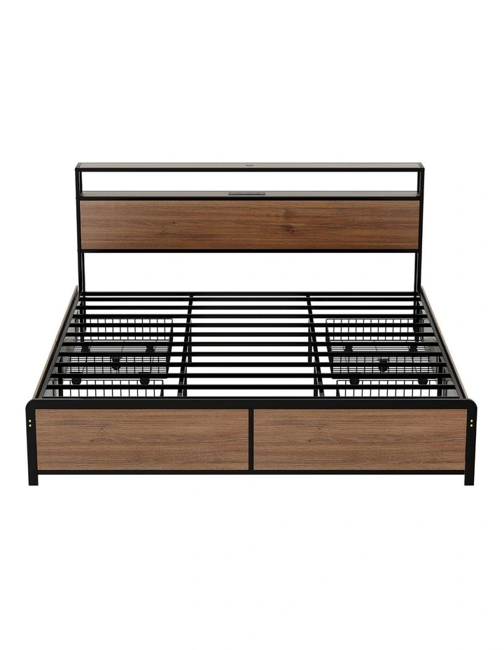 King Size with 2-Tier Storage Metal Bed Frame in Brown image 1