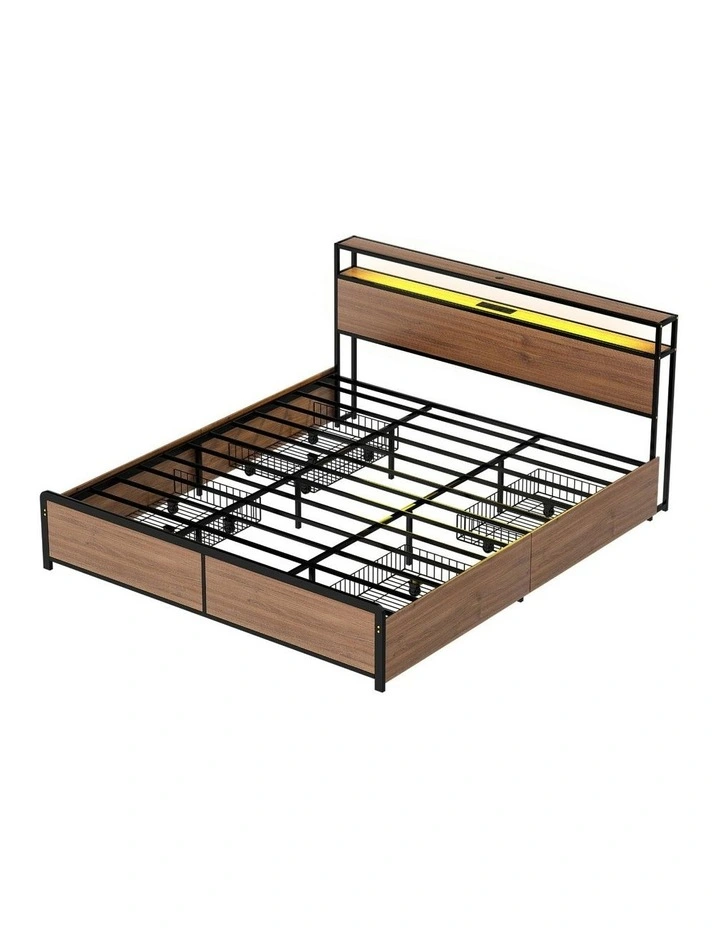 King Size with 2-Tier Storage Metal Bed Frame in Brown image 2