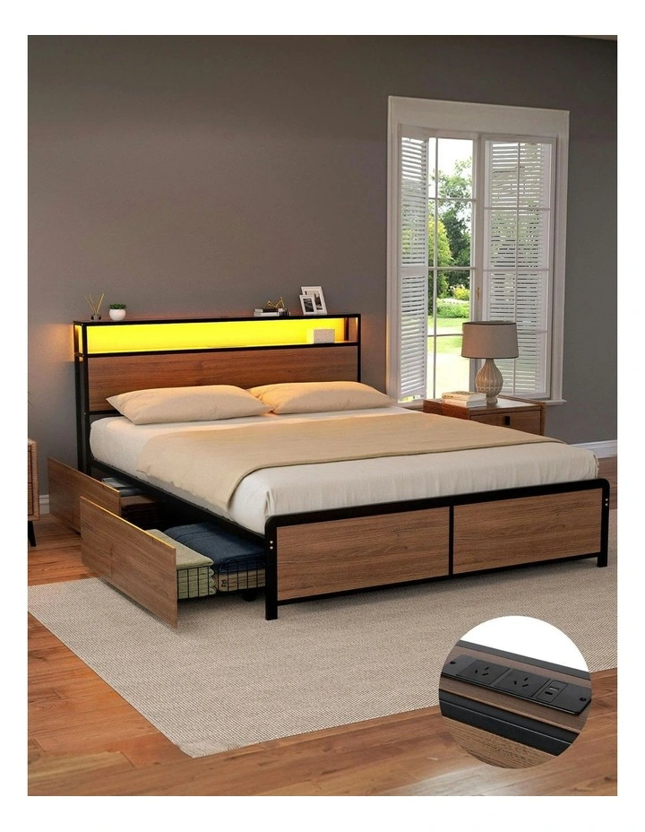 King Size with 2-Tier Storage Metal Bed Frame in Brown image 3