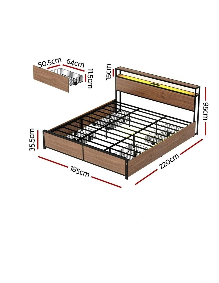 King Size with 2-Tier Storage Metal Bed Frame in Brown image 4