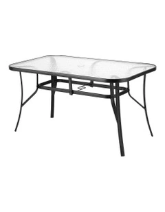 Outdoor Dining Table Steel Frame Tempered Glass Parasol Hole 140cm in Black