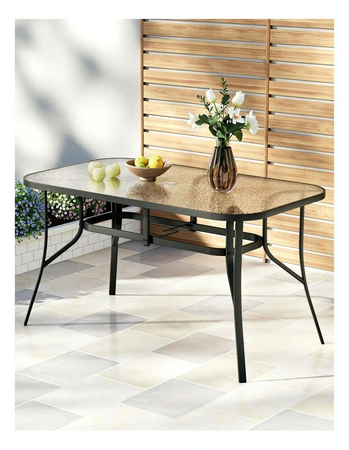 Outdoor Dining Table Steel Frame Tempered Glass Parasol Hole 140cm in Black image 3