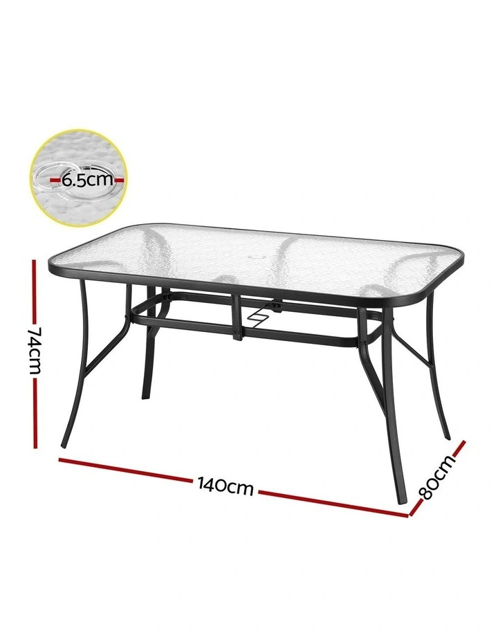 Outdoor Dining Table Steel Frame Tempered Glass Parasol Hole 140cm in Black image 4